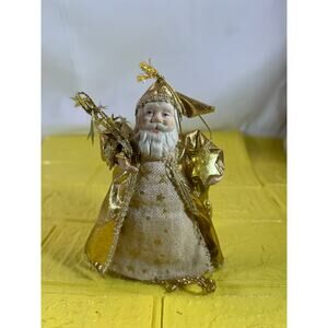 Vintage Old World Porcelain Santa Claus Small Tree Topper Ornament Gold Stars